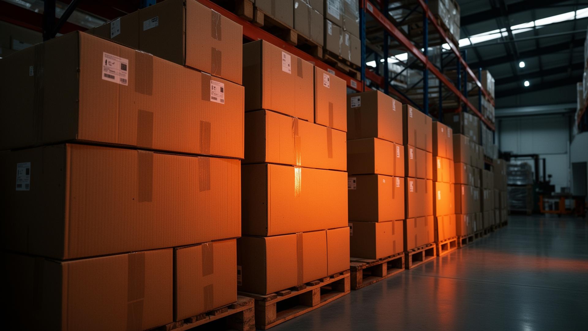 Stacked corrugated boxes in warehouse